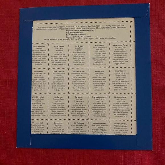 USPS #2870 1994 29c Legends Of The West Stamp Sheet (Bill Pickett Error) - Picture 5 of 5